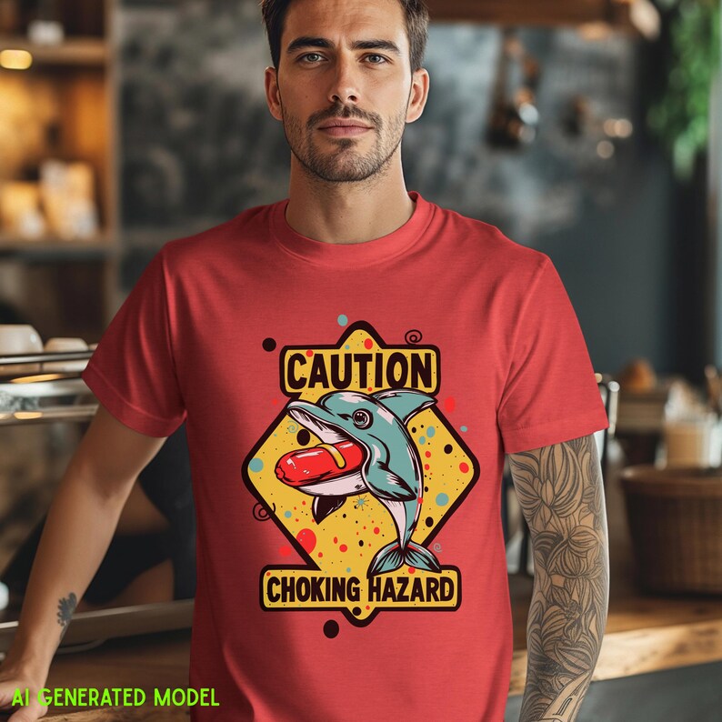 Funny Cotton Dolphin Hotdog Colorful Graphic Tee, Caution Choking Hazard Gag Gift image 2