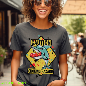 May include: A charcoal gray t-shirt featuring a yellow diamond-shaped graphic with the text CAUTION CHOKING HAZARD. The design depicts a teal dolphin with a red hot dog in its mouth, surrounded by colorful dots and small black circular accents.