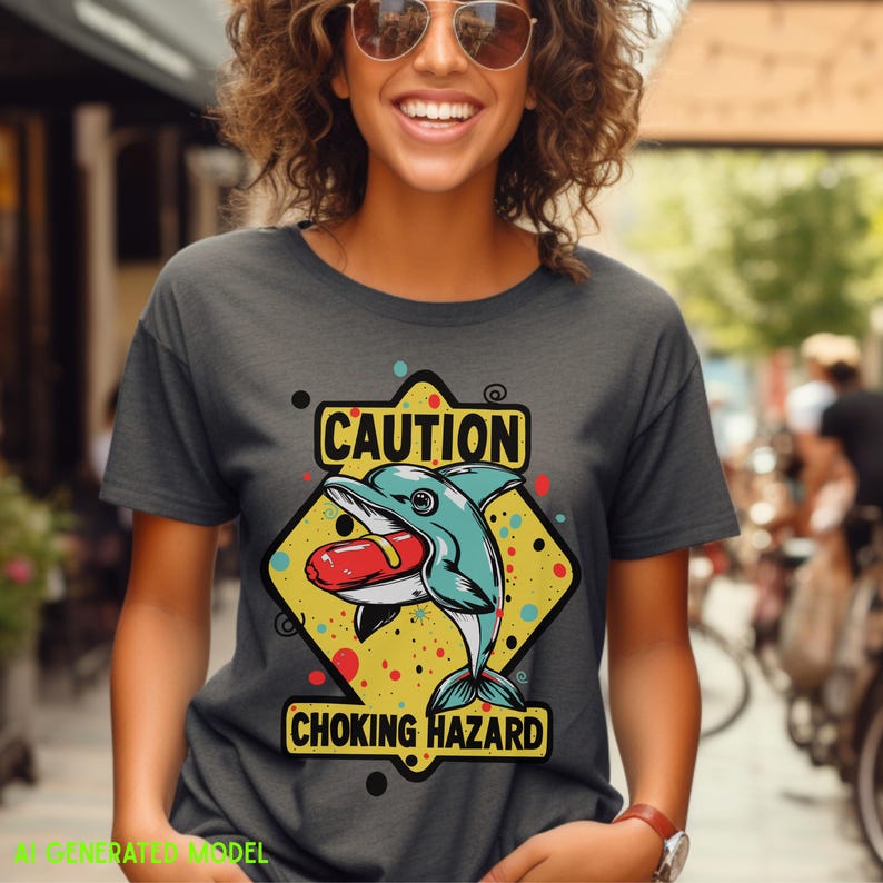 May include: A charcoal gray t-shirt featuring a yellow diamond-shaped graphic with the text CAUTION CHOKING HAZARD. The design depicts a teal dolphin with a red hot dog in its mouth, surrounded by colorful dots and small black circular accents.