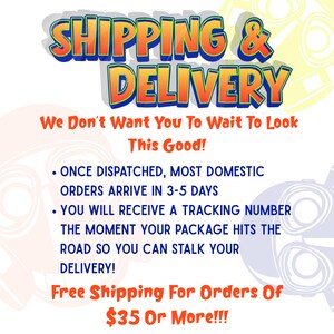 May include: A graphic with the text SHIPPING & DELIVERY in large orange and blue letters. Below, orange text reads We Don't Want You To Wait To Look This Good! followed by blue bullet points detailing order arrival times and tracking information.