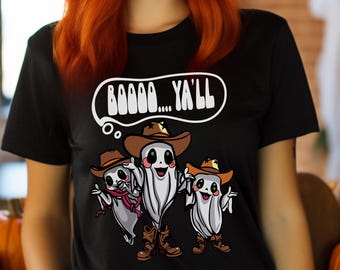 T-shirt fantôme cowboy Boo Y'all : T-shirt unisexe en coton style cowgirl pour Halloween