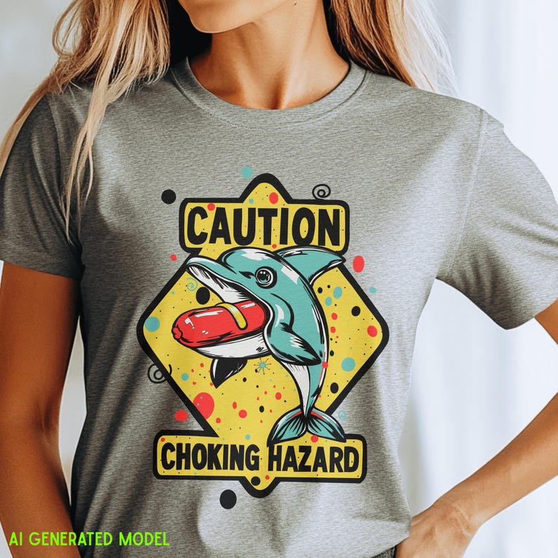 May include: A heather gray t-shirt featuring a graphic of a teal dolphin with a red hot dog in its mouth. The design is set against a yellow diamond background with black text that reads CAUTION and CHOKING HAZARD, surrounded by colorful dots.