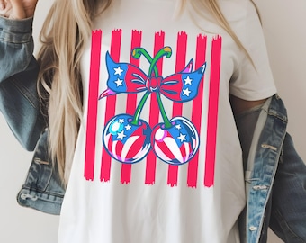 T-shirt patriotique cerise, rayures rouges, nœud drapeau américain, chemise couleurs confort