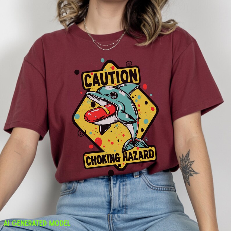 May include: A maroon t-shirt featuring a graphic of a teal dolphin with a red hot dog in its mouth. The design is set against a yellow diamond background with black text that reads CAUTION CHOKING HAZARD, surrounded by small colorful dots.