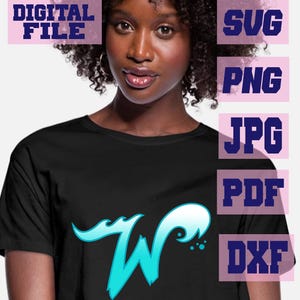 May include: Black t-shirt featuring a turquoise and white stylized letter "W" design. The image also includes text labels for "DIGITAL FILE", "SVG", "PNG", "JPG", "PDF", and "DXF".