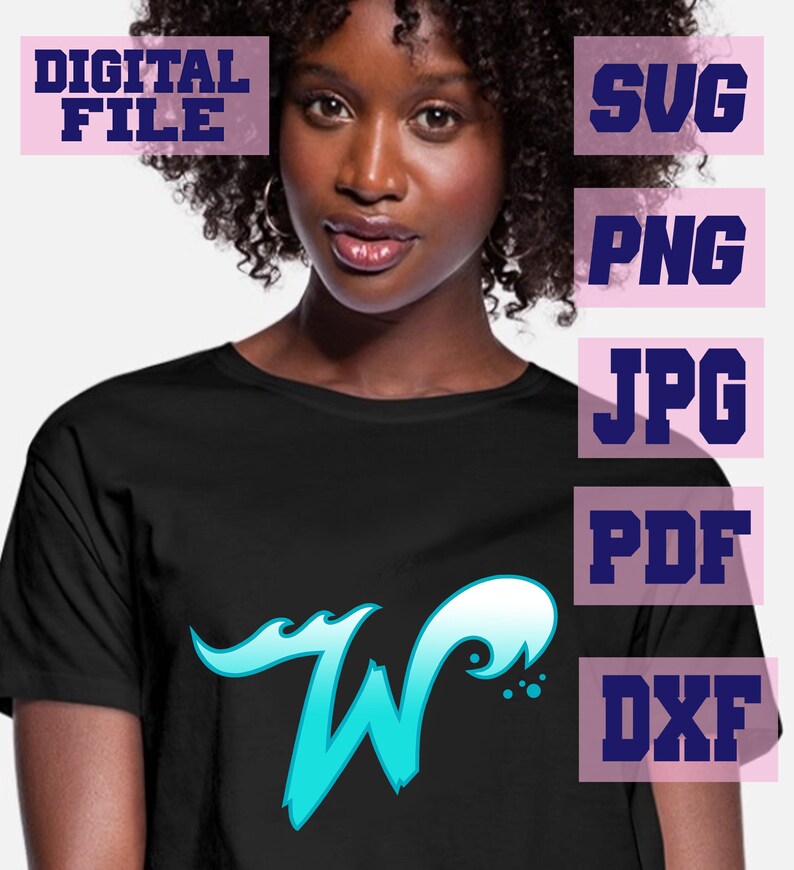 May include: Black t-shirt featuring a turquoise and white stylized letter "W" design. The image also includes text labels for "DIGITAL FILE", "SVG", "PNG", "JPG", "PDF", and "DXF".
