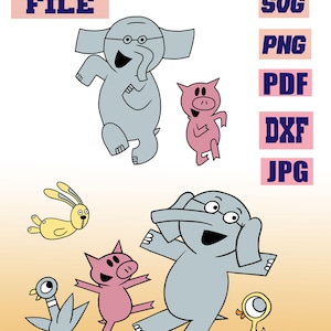 Puede incluir: Archivo digital con dos diseños de animales de dibujos animados: un elefante, un cerdo, un conejo, una paloma y un pato. El elefante lleva gafas. Los formatos de archivo incluyen SVG, PNG, PDF, DXF y JPG.