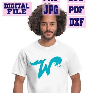 May include: White t-shirt with a turquoise "W" design. The image also includes text indicating digital file formats: PNG, JPG, SVG, PDF, and DXF. The shirt is worn by a person with curly hair.