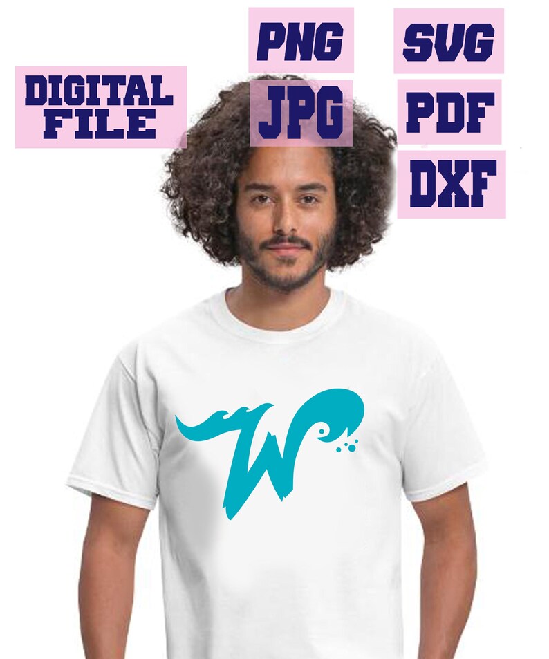 May include: White t-shirt with a turquoise "W" design. The image also includes text indicating digital file formats: PNG, JPG, SVG, PDF, and DXF. The shirt is worn by a person with curly hair.