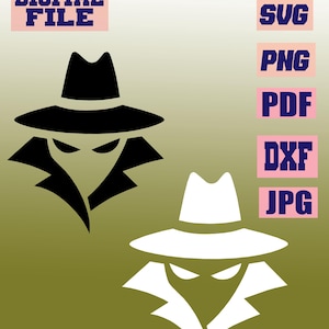 Könnte beinhalten: Grafikdatei mit einer stilisierten Schwarz-Weiß-Illustration einer Figur mit Fedora-Hut und Trenchcoat. Das Bild enthält den Text "DIGITAL FILE" und Dateitypoptionen: SVG, PNG, PDF, DXF und JPG.