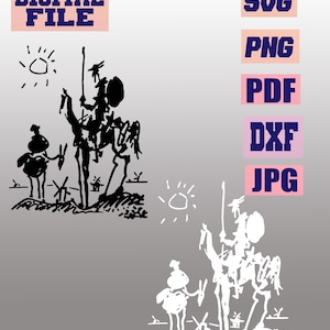 Op de afbeelding: Digitaal bestand met een zwart-wit illustratie van een ridder te paard, met een figuur te voet en windmolens. De afbeelding bevat de tekst "DIGITAL FILE" en bestandstype opties: SVG, PNG, PDF, DXF en JPG.