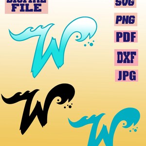 May include: Digital file graphic featuring the letter "W" in three variations: black, and two shades of blue. The word "DIGITAL FILE" is at the top left. File type options include SVG, PNG, PDF, DXF, and JPG.
