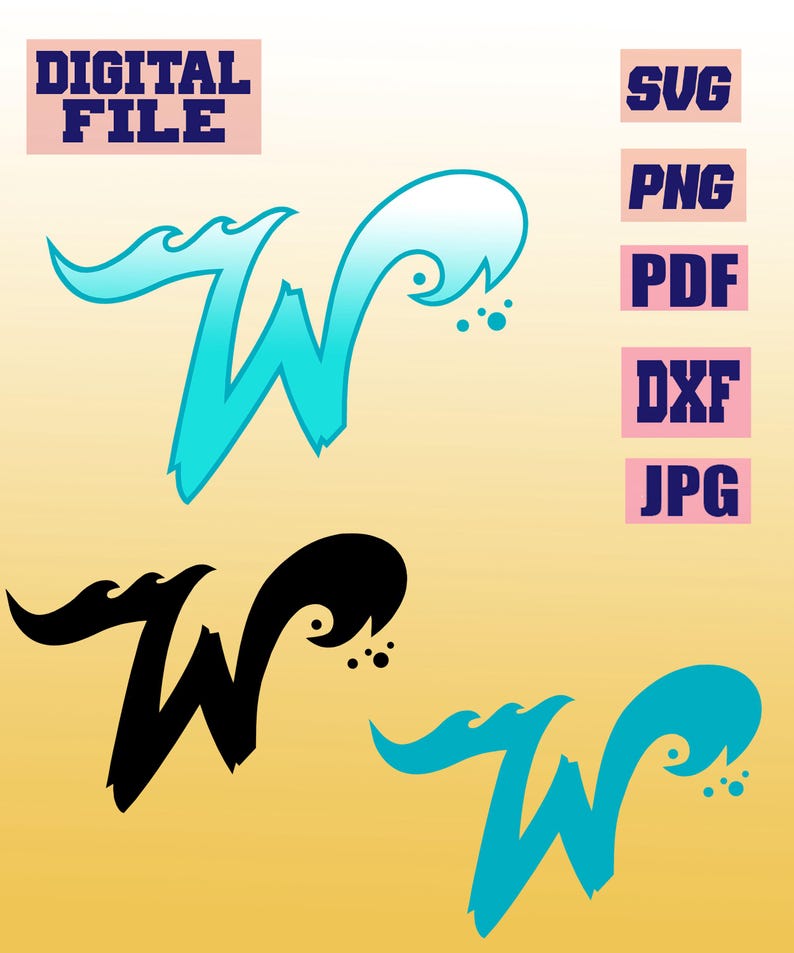 May include: Digital file graphic featuring the letter "W" in three variations: black, and two shades of blue. The word "DIGITAL FILE" is at the top left. File type options include SVG, PNG, PDF, DXF, and JPG.