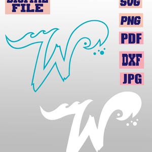 May include: Digital file graphic featuring a stylized letter "W" in teal, with a wave-like design. The image includes file type labels: SVG, PNG, PDF, DXF, and JPG, all on a light pink background. The words "DIGITAL FILE" are also present.