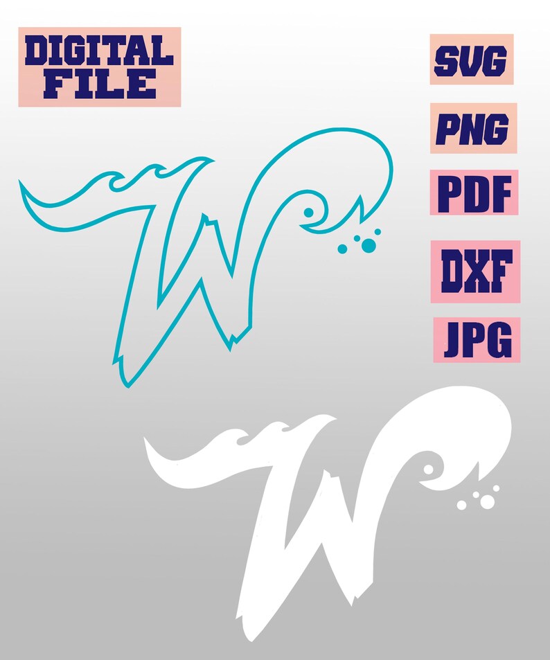 May include: Digital file graphic featuring a stylized letter "W" in teal, with a wave-like design. The image includes file type labels: SVG, PNG, PDF, DXF, and JPG, all on a light pink background. The words "DIGITAL FILE" are also present.