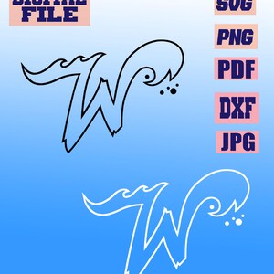 May include: Digital file featuring a stylized letter "W" in black and white, with a wave-like design. The image includes text labels for file formats: SVG, PNG, PDF, DXF, and JPG, set against a gradient blue background.
