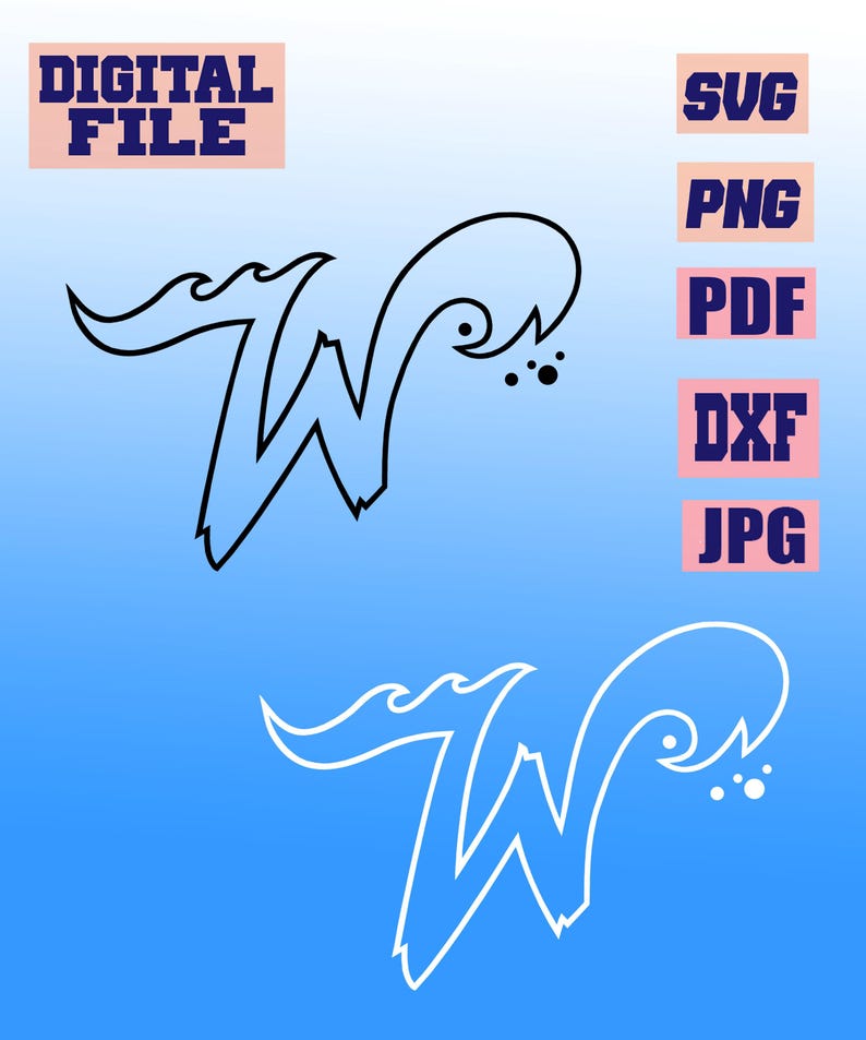 May include: Digital file featuring a stylized letter "W" in black and white, with a wave-like design. The image includes text labels for file formats: SVG, PNG, PDF, DXF, and JPG, set against a gradient blue background.