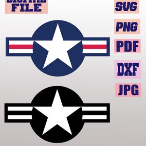May include: Two stylized emblems, one in navy blue with a white star and red and white stripes, and another in black with a white star and stripes. Text includes "DIGITAL FILE", "SVG", "PNG", "PDF", "DXF", and "JPG".