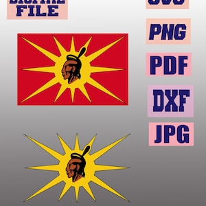 May include: Digital file graphic featuring a Native American profile within a yellow sunburst design on a red background. The image includes text labels for SVG, PNG, PDF, DXF, and JPG file formats.