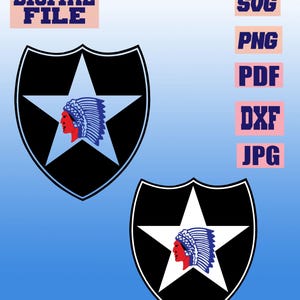 Könnte beinhalten: Zwei schwarz-weiße Schilddesigns mit einem weißen Stern und einem indianischen Profil in Rot und Blau. Der Text "DIGITAL FILE" befindet sich oben links. Dateitypoptionen sind SVG, PNG, PDF, DXF und JPG.