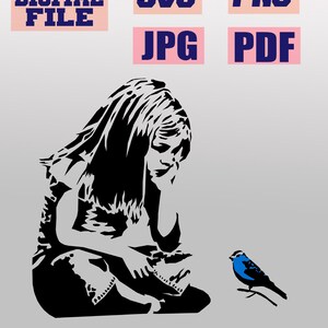 May include: A monochrome graphic depicting a person seated, accompanied by a blue bird on a branch. Text boxes display the words "DIGITAL FILE", "SVG", "PNG", "JPG", and "PDF".