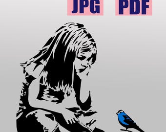 Plantilla de grafiti de chica con pájaro azul, archivo recortado (descarga digital)
