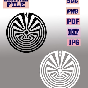 May include: A digital file graphic featuring two circular maze designs, one black and one white, each with a small person icon at the top. The words "DIGITAL FILE" and file type abbreviations like "SVG" and "PNG" are also present.