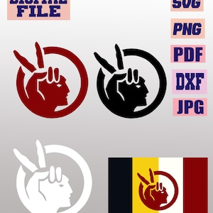 May include: Digital file graphic showing a hand forming a peace sign with a person's profile within a circle. The design is presented in red, black, and white. The image also includes a flag design and file type options: SVG, PNG, PDF, DXF, and JPG.