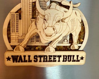 Wall Street Charging Bull Wooden Magnet