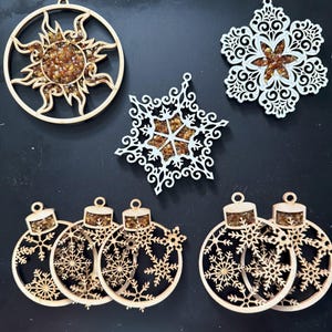 Warm Glow Genuine Amber & Wood Christmas Ornaments, Snowflakes, Sun, Christmas Tree Balls, Genuine Baltic Amber, Art Wood Gemstone
