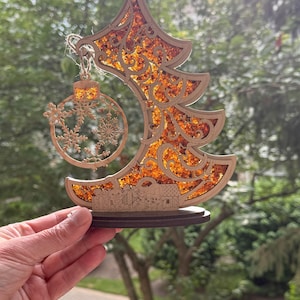 Warm Glow Genuine Amber & Wood Freestanding Xmas Tree on Pedestal, Genuine Baltic Amber, Art Wood Gemstone