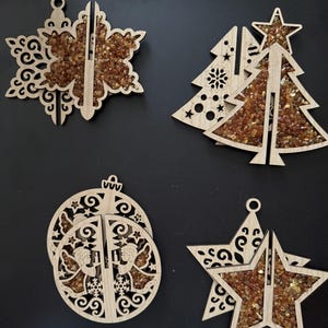Warm Glow Genuine Amber & Wood 3D Christmas Ornaments, Snowflakes, Star, Christmas Tree, Angels, Genuine Baltic Amber, Art Wood Gemstone