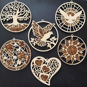 Warm Glow Genuine Amber & Wood Mandala Tree of Life Dove Hearts Suncatchers and Christmas Ornaments, Genuine Baltic Amber, Art Wood Gemstone