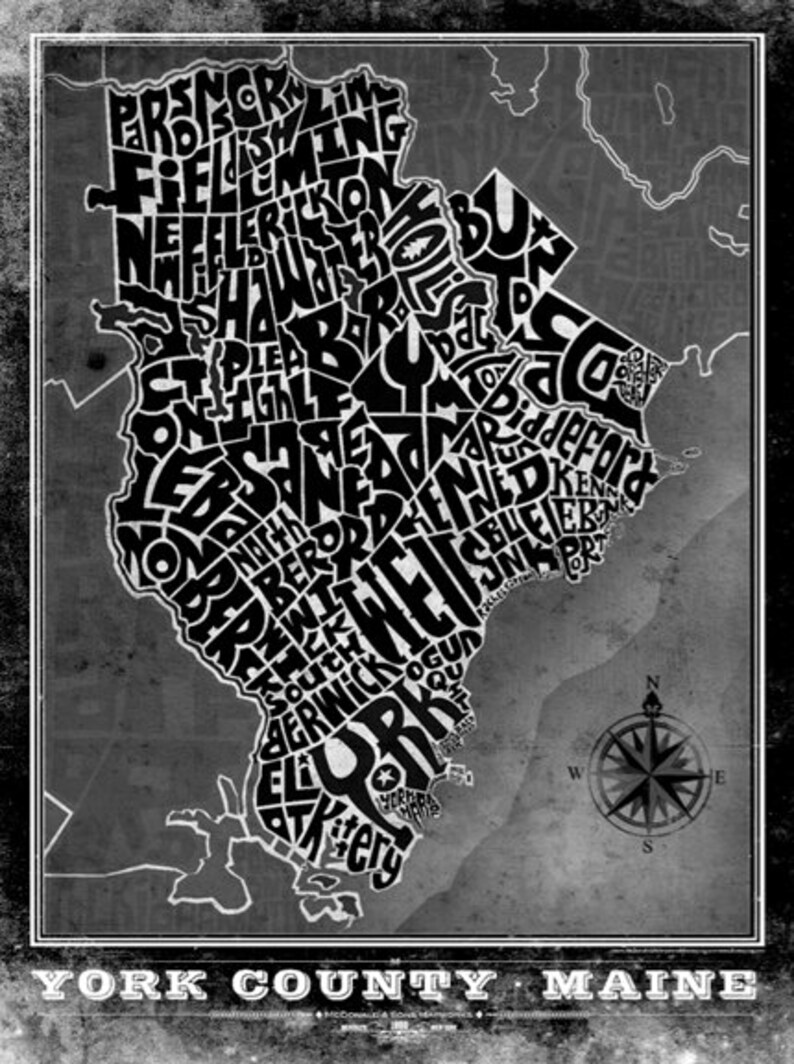 York County Maine Type Map Etsy