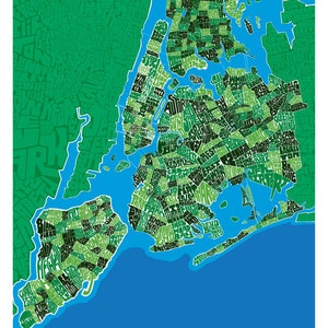 May include: A map of New York City with the names of each neighbourhood written in green and black text on a blue background.