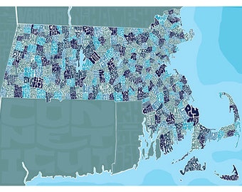 Massachusetts Hand Lettered Typography Map
