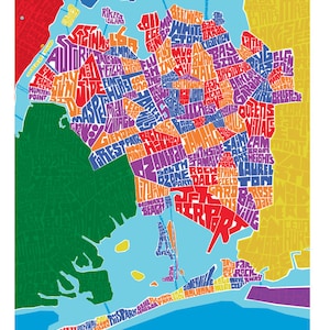 May include: A colorful map of the borough of Queens, New York City, with the names of neighborhoods and landmarks spelled out in a unique typographic style. The map is divided into different colors, with each color representing a different area of the borough. The map is surrounded by a blue border and the word "QUEENS" is written in large, white letters at the bottom.