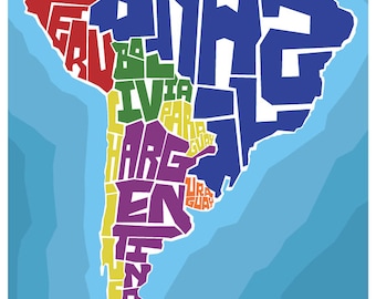 South America Countries Hand Lettered Typography Map