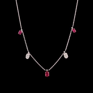 Five Oval Ruby & CZ Dangle Necklace, 925 Sterling Silver July Birthstone Jewelry, Minimalist Gemstone Jewelry, Dainty Necklace, Gift for Her