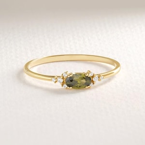 Peridot Diamond Ring, Natural Dainty Oval Birthstone Stacking Band, Genuine Green Peridot Stackable Ring, Dainty Opal Ring Jewelry for Her,