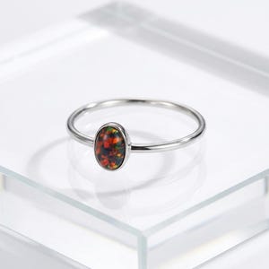 Black Opal Oval Ring in 925 Sterling Silver, Lab Created Black Opal Stone Ring, Simulated Black Opal Ring, Dainty Opal Ring Jewelry for Her