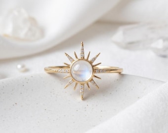Ring met zirkonia en rozenkwarts, vergulde ring met sterrenmotief, delicate ring, verfijnde Valentijnsring, zilveren sieraden