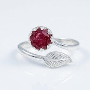 6mm Round Ruby Gemstone Ring, Crown Bezel Leaf Band Adjustable Ring, 925 Sterling Silver Ring, Minimalist Gemstone Jewelry, Birthday Gifts,