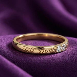 Till Death Diamond Ring, Gold Engraved Wedding Band, Gothic Promise Ring, Anniversary Jewelry, Alternative Engagement Ring Gift for Couples