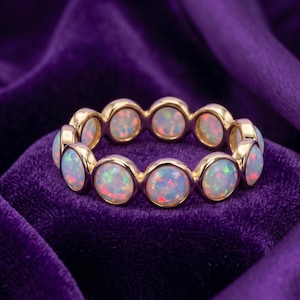 Opal Eternity Ring, Lab-Grown Opal Gemstone Band Ring, Gold Plated Ring, Birthday Gift, Minimalist Stacking Wedding Ring, Gifts for Her