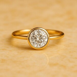 Bezel Set Moissanite Ring, Round Cut Gold Plated Engagement Ring, Minimalist Promise Ring, Modern Wedding Jewelry, Solitaire Bridal Ring,