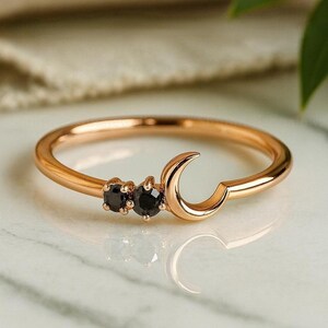 Black Diamond Crescent Moon Wedding Band, Gold Plated Stackable Rings, Thin Gold Vermeil Ring, Handmade Fine Bridal Jewelry Gift For Women,