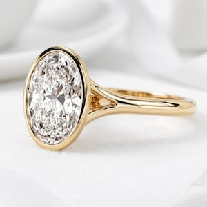 Oval Lab Grown Diamond Solitaire Ring, 925 Sterling Silver Bezel Set Diamond Engagement Ring, Split Shank Engagement Ring, Cathedral Ring