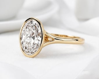 Ovale solitaire ring met laboratoriumdiamant, verlovingsring met diamant in een 925 sterling zilveren zetting, verlovingsring met gespleten band, kathedraalring