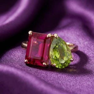 Rectangle Cut Garnet & Pear Cut Peridot Ring, Toi Et Moi Gemstone Ring, Custom Birthstone Ring, Perfect Couple Ring, One of a Kind,